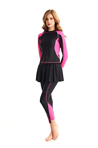 TianMaiGeLun Damen Ganzkörper Badeanzug Langarm Langbein Badebekleidung mit Schwimmrock Set Rash Guard (Rose, 3XL) von TianMaiGeLun