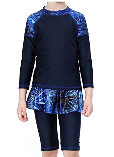 TianMaiGeLun Girl Burkini Swimsuits Modest Long Sleeve Rash Guard Full Cover Skirted Swim ​Swimwear Set (Blau, 150cm) von TianMaiGeLun