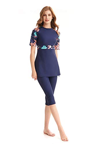 TianMaiGeLun Modest Badeanzug Damen Rash Guard Kurzarm Bademode Modesty Badeanzug Surfanzug Burkini (M, T8) von TianMaiGeLun