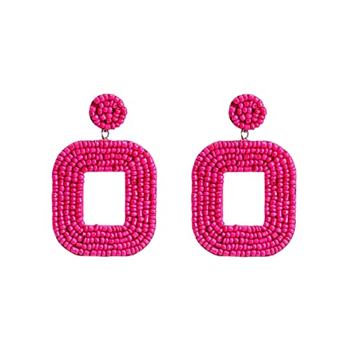 TianWlio Damen Edelstahl Ohrringe Wasserfester Schmuck Perlen-Tropfen-Ohrringe Handgemachte Rocailles-Herz-Creolen-Ohrringe -Aussage-Ohrring- für Kristall Ohrringe Hängend (Hot Pink, One Size) von TianWlio