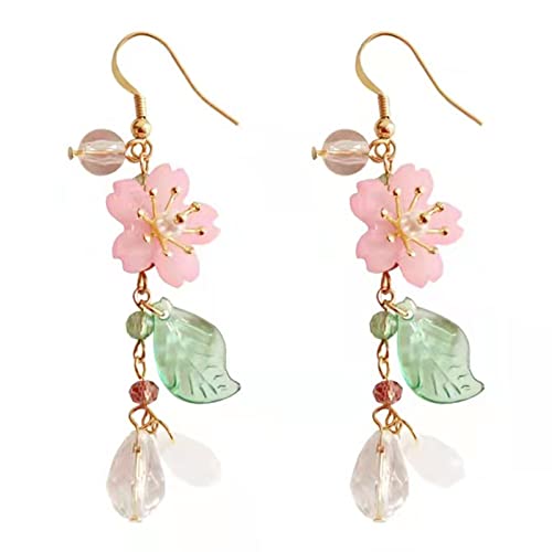 TianWlio Damen Edelstahl Ohrringe Wasserfester Schmuck Super Fairy Cherry Petal Quaste Blumenohrringe Lange Ohrringe Temperament Kristall Ohrringe Hängend Anhänger für der Frauen (Pink, One Size) von TianWlio