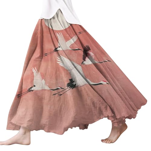 TianWlio Damen Elastische Taille Midirock Bedruckter Retro Langer Rock Baumwolle Leinen Maxirock Bunte Lange Röcke Elegant Partykleid Cocktail Langrock Boho Kleid (Red, L) von TianWlio
