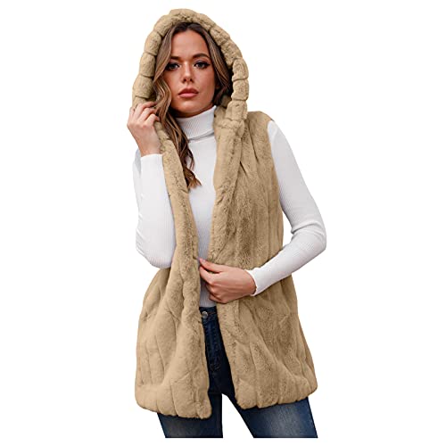 TianWlio Damen Fleeceweste Plüschweste Teddyfell Kunstfell Mit Kapuze Weste Herbst Winter Warm Faux Pelz Lange Damenwesten Teddyfleece Ärmellos Winterjacke Fleecejacke von TianWlio