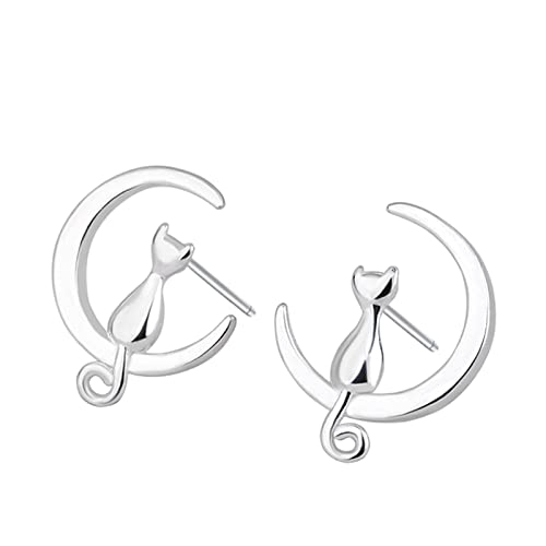 TianWlio Damen Ohrringe aus langlebigem Edelstahl 925 Sterling Silber Mode Katze auf dem Mond Design Ohrstecker für Frauen handgefertigt einfachen Stil Ohrschmuck Ohrringe Damen (Silver, One Size) von TianWlio