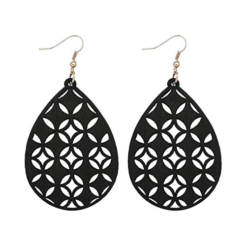 TianWlio Damen Ohrringe aus langlebigem Edelstahl Mode Holz ausgehöhlt Ohrringe Ohrringe Tropfen Ohrringe Bunte Wassertropfen Ohrringe aus Holz Ohrringe Damen Ohrschmuck Zirkonia (Black, One Size) von TianWlio