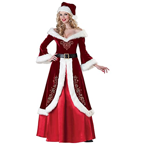 TianWlio Damen Weihnachten Kostüm Miss Santa Cosplay Kostüm Kleid Weihnachtsmantel Lang Samt Maxikleid mit Kapuze und Gürgel von TianWlio