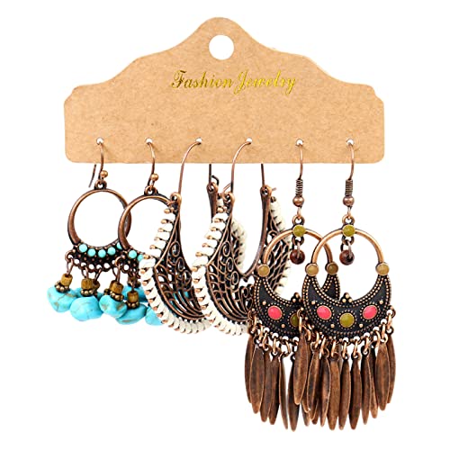 TianWlio Ohrringe Damen Ohrhänger Boho Kristall Damen-Ohrring-Set, 3 Paar, Set aus Faux-Türkis-Quasten, geometrischen, baumelnden Haken-Ohrringen, Schmuck Ohrringe Damen Hängend Leicht (B, B) von TianWlio