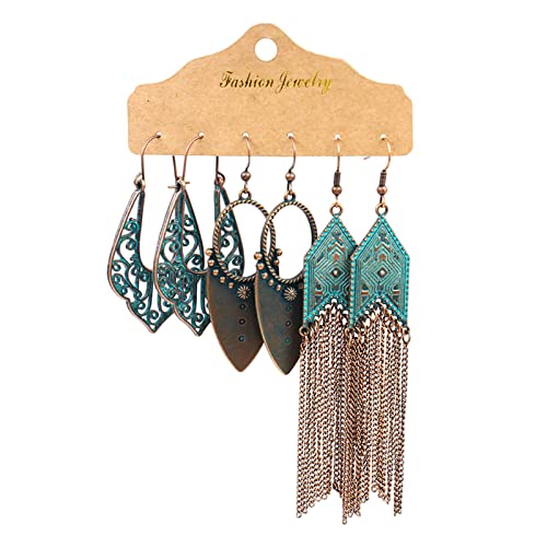 TianWlio Ohrringe Damen Ohrhänger Boho Kristall Damen-Ohrring-Set, 3 Paar, Set aus Faux-Türkis-Quasten, geometrischen, baumelnden Haken-Ohrringen, Schmuck Ohrringe Damen Hängend Leicht (C, C) von TianWlio