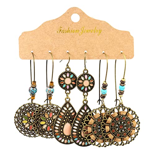 TianWlio Ohrringe Damen Ohrhänger Boho Kristall Damen-Ohrring-Set, 3 Paar, Set aus Faux-Türkis-Quasten, geometrischen, baumelnden Haken-Ohrringen, Schmuck Ohrringe Damen Hängend Leicht (D, D) von TianWlio