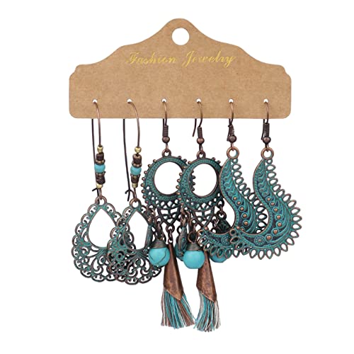 TianWlio Ohrringe Damen Ohrhänger Boho Kristall Damen-Ohrring-Set, 3 Paar, Set aus Faux-Türkis-Quasten, geometrischen, baumelnden Haken-Ohrringen, Schmuck Ohrringe Damen Hängend Leicht (F, F) von TianWlio