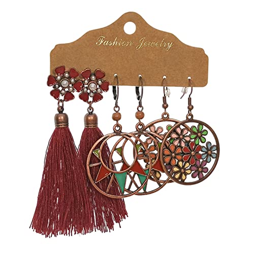 TianWlio Ohrringe Damen Ohrhänger Boho Kristall Damen-Ohrring-Set, 3 Paar, Set aus Faux-Türkis-Quasten, geometrischen, baumelnden Haken-Ohrringen, Schmuck Ohrringe Damen Hängend Leicht (L, L) von TianWlio