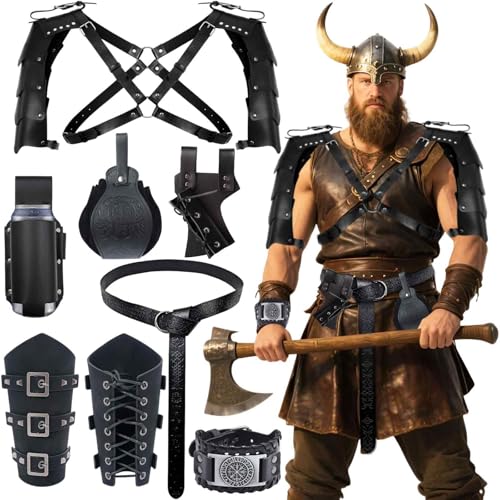 Tianher 7 Stück Mittelalter Kleidung für Herren Accessoires Set, Wikinger Kleidung Herren Wikinger Gürtel Lederbeutel Armschienen Wikinger Accessoires für Halloween Renaissance Ritter Deko Cosplay von Tianher