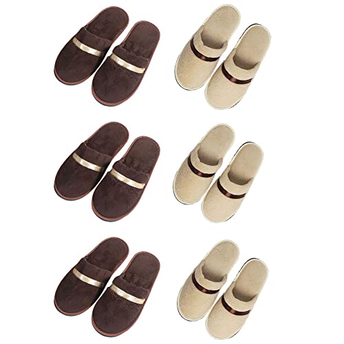 Tianmao 6 Paar Damen Slipper Hotelslipper Frottierslipper Herren Hausschuhe mit Geschlossenen Zehen Universalgröße 28.5*11cm Korallenvlies Gästepantoffeln, 3 Braun Beige, Einheitsgröße von Tianmao