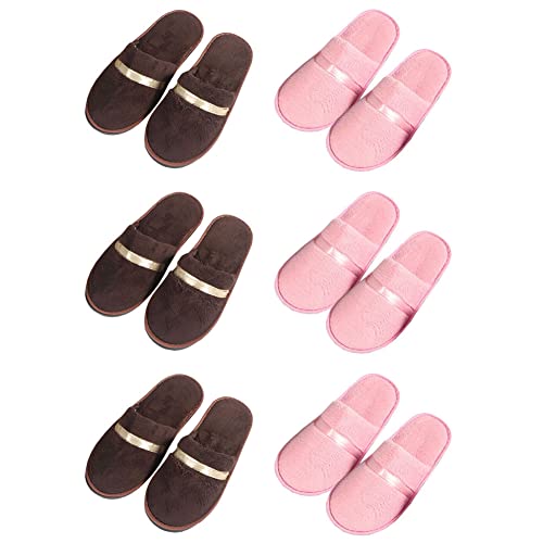 Tianmao 6 Paar Damen Slipper Hotelslipper Frottierslipper Herren Hausschuhe mit Geschlossenen Zehen Universalgröße 28.5*11cm Korallenvlies Gästepantoffeln für Spa, Gäste, 3 Braun Pink, Einheitsgröße von Tianmao