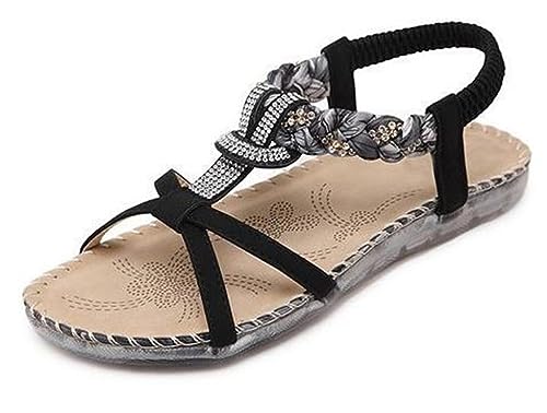 Tianmao Damen Sandalen Glitzer Strass Gummisohle Flip Flops PU Leder Sommerschuhe Blume Bohemia Zehentrenner (35 EU, Schwarz) von Tianmao