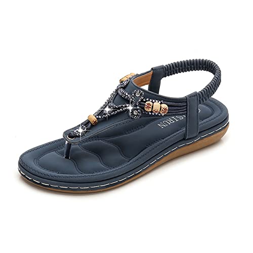 Tianmao Damen Sandalen Sommerschuhe Flip Flops PU Leder Flach Elastischen Zehentrenner, Größe 36-42 (36 EU, Blau) von Tianmao