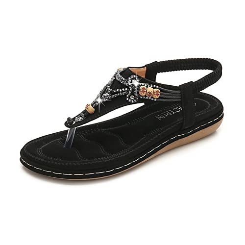 Tianmao Damen Sandalen Sommerschuhe Flip Flops PU Leder Flach Elastischen Zehentrenner, Größe 36-42 (38 EU, Schwarz) von Tianmao