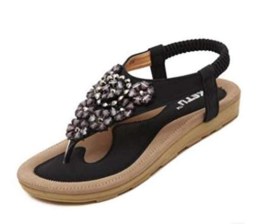 Tianmao Damen Sommer Flach Sandalen, Frauen Bohemian Strass Sandals Sommerschuhe PU Leder Elastischen Zehentrenner (40 EU, Schwarz) von Tianmao