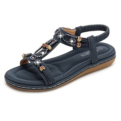 Tianmao Damen Sommer Strand Sandaletten Bohemian Flach Zehentrenner Flip Flops PU Leder Sandalen mit Strass von Tianmao