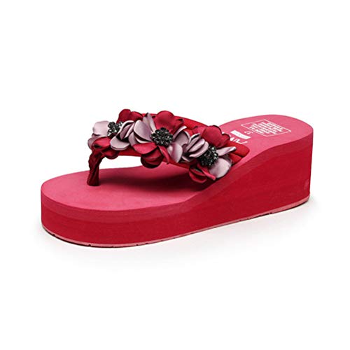 Tianmao Flip Flops Zehentrenner - Damen Sommer Beach Strand Blumen Keilabsatz Sandalen Pantoletten (36 EU, Rot) von Tianmao