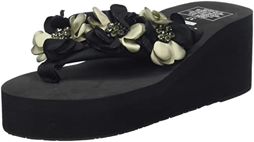 Tianmao Flip Flops Zehentrenner - Damen Sommer Beach Strand Blumen Keilabsatz Sandalen Pantoletten (36 EU, Schwarz) von Tianmao