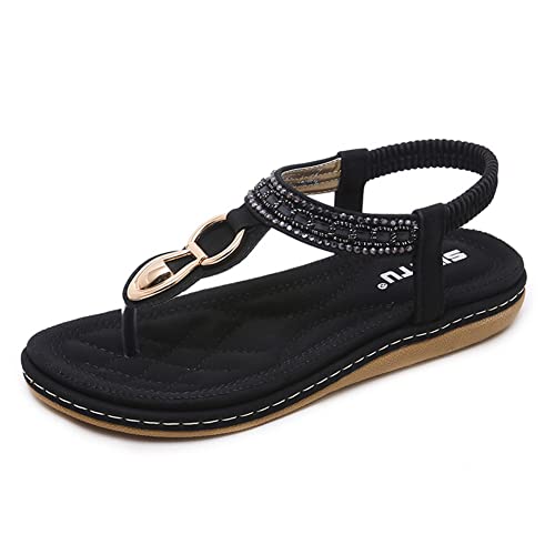 Tianmao Sandalen Damen Sommer Bohemia Schuhe Soft Flache Sandaletten Strass Gr.35-44 (35 EU, Schwarz) von Tianmao