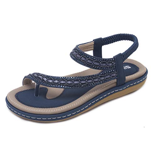 Tianmao Sandalen Damen Sommer Bohemia Schuhe Soft Flache Sandaletten Strass Strand Zehentrenner (36 EU, Blau) von Tianmao