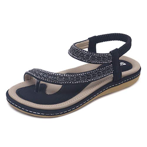 Tianmao Sandalen Damen Sommer Bohemia Schuhe Soft Flache Sandaletten Strass Strand Zehentrenner (37 EU, Schwarz) von Tianmao