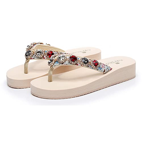 Tianmao Zehentrenner Damen Beach Sandalen, Plateau Slipper Beach Pantoletten Sommer Flip-Flops Mode Strass Rutschfeste Plattform Strandsandalen Schlappen Zehentranner Keilabsatz von Tianmao