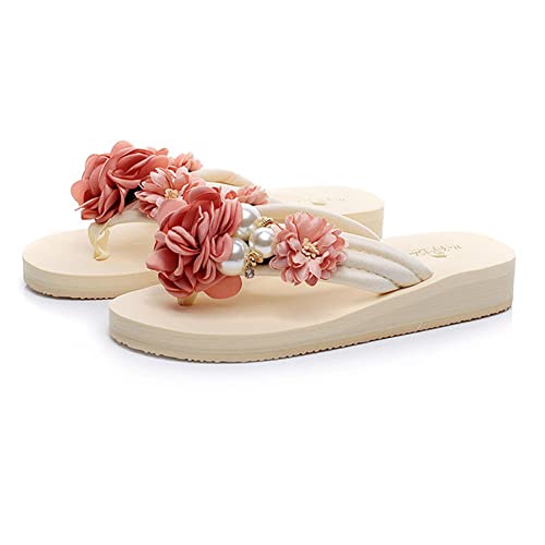 Tianmao Zehentrenner Damen mit Blumendekoration Sandalen Keilabsatz 3cm, Pantoletten Sommerschuhe Hausschuhe Sandalen mit Weichem Yoga Matte Slipper für Beach Pool von Tianmao