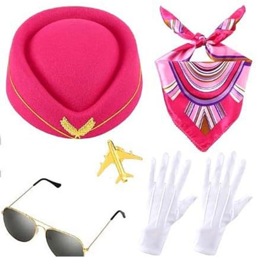 TiaoBug 5-teiliges Flugbegleiterin Kostüm Set Stewardess Mütze mit Halstuch Handschuhe Flugzeug Abzeichen Sonnenbrille Stewardess Outfits Hot Pink One Size von TiaoBug