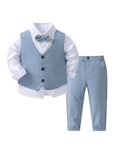 TiaoBug Baby Jungen Festlich Anzug Set Langarm Weißes Hemd + Anzugweste + Anzughose + Fliege Hochzeits Party Taufe Kleidung Hellblau 110-116 von TiaoBug