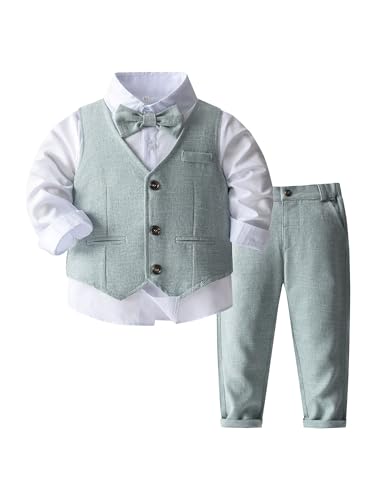 TiaoBug Baby Jungen Festlich Anzug Set Langarm Weißes Hemd + Anzugweste + Anzughose + Fliege Hochzeits Party Taufe Kleidung Hellgrün F 92-98 von TiaoBug