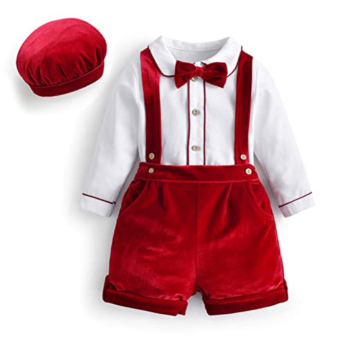 TiaoBug Baby Jungen Weihnachtsoutfit Gentleman Hemd Druck Bluse + Rote Fliege + Anzug Hose mit Y-Form Hosenträger Weihnachten Kostüme Bekleidungsset Rot B 92-98 von TiaoBug