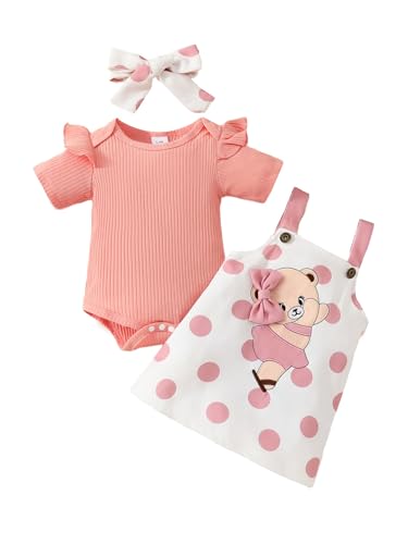 TiaoBug Baby Mädchen Bekleidungsset Kurzarm Body + Polka Dots Latzkleid mit Bär Aufdruck + Schleife Stirnband Kleinkinder Frühling Sommer Outfits Rosa 68-74 von TiaoBug