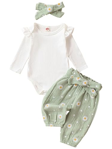 TiaoBug Baby Mädchen Kleidung Set Langarm Body mit Blumenmuster Lange Hose und Schleife Stirnband 3 Pcs Herbst Winter Babykleidung Hellgrün 80-86 von TiaoBug
