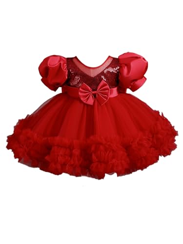 TiaoBug Baby Mädchen Prinzessin Kleid Blumenmädchenkleid Taufkleid Festlich Kleid Hochzeit Geburtstag Partykleid Festzug Babybekleidung Outfits Rot F 80-86 von TiaoBug