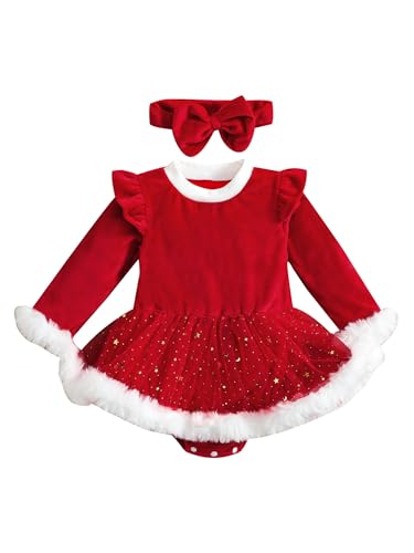 TiaoBug Baby Mädchen Weihnachtsoutfits Langarm Body Strampler mit Volants Tutu Rock + Schleife Stirnband Kleinkinder 1. Weihnachten Kostüm Rot B 86-92 von TiaoBug