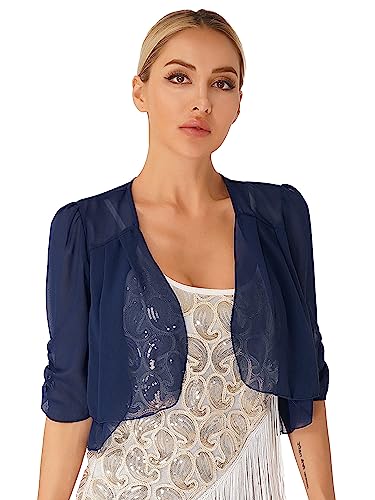 TiaoBug Chiffon Bolero Einfarbig Schulterjäckchen Schulterjacke kurz Transparent Cardigan Offen Schrug Top 1/2 Ärmel Festlich Sommer Jacke Oberteile Tops Dunkelblau K M von TiaoBug