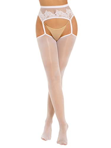 TiaoBug Damen 20 DEN Elasthan Strapsstrümpfe mit Spitzen Strapsgürtel Ouvert Strumpfhose mit Cut-Out im Schritt Sexy Pantyhose Weiß Einheitsgröße von TiaoBug