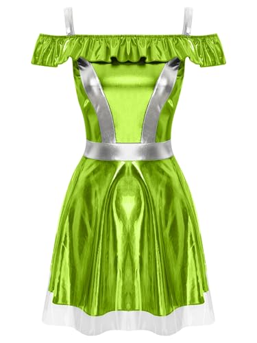 TiaoBug Damen Alien Kostüm Lack Leder Kleid Spaghettiträger Partykleid mit Volants Raumfahrer Astronautin Weltraum Cosplay Outfits Gogo Clubwear Leuchtendes Grün XL von TiaoBug