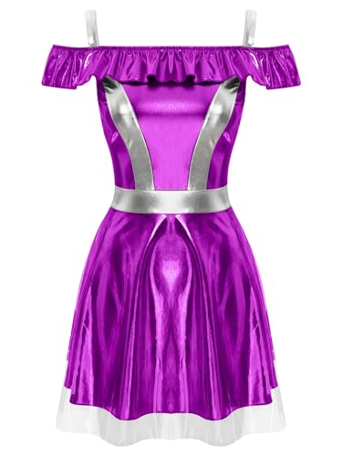 TiaoBug Damen Alien Kostüm Lack Leder Kleid Spaghettiträger Partykleid mit Volants Raumfahrer Astronautin Weltraum Cosplay Outfits Gogo Clubwear Violett XL von TiaoBug