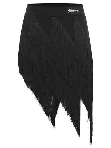 TiaoBug Damen Asymmetrischer Rock mit Fransen Ballettrock Tanzrock Latein Salsa Tango Rumba Röckchen Hohe Taille Minirock Tanzkleidung Schwarz 3XL von TiaoBug