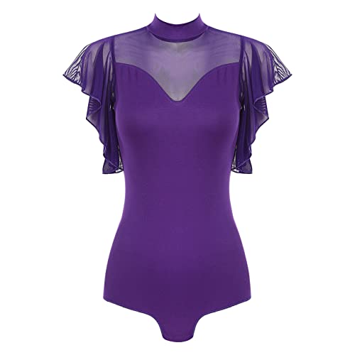 TiaoBug Damen Ballett Trikot Netz/Mesh Spleiß Body Ärmellos Ballettanzug Sport Tanz Bodysuit Rückenfrei Gymnastikanzug Kurz Overalls Jumpsuit Violett B S von TiaoBug