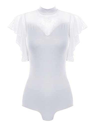 TiaoBug Damen Ballett Trikot Netz/Mesh Spleiß Body Ärmellos Ballettanzug Sport Tanz Bodysuit Rückenfrei Gymnastikanzug Kurz Overalls Jumpsuit Weiß B M von TiaoBug