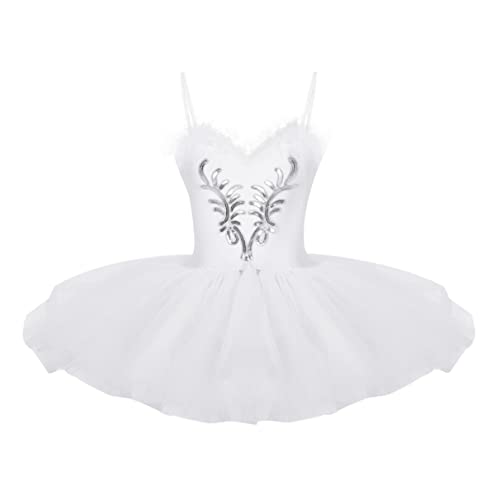 TiaoBug Damen Ballettkleid Schwanensee Tanz Kostüm Ballett Trikot mit Spaghettiträger Tanzkleid Ballettanzug mit Tüll Tutu Rock gr. S M L XL XXL Weiß M von TiaoBug