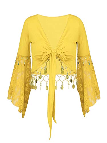 TiaoBug Damen Bauchtanz Kostüm Oberteil Langarm Spitzen Trompetenärmel Jäckchen Binden Top Knoten Shirts Bluse mit Münze Quasten Gelb XL von TiaoBug