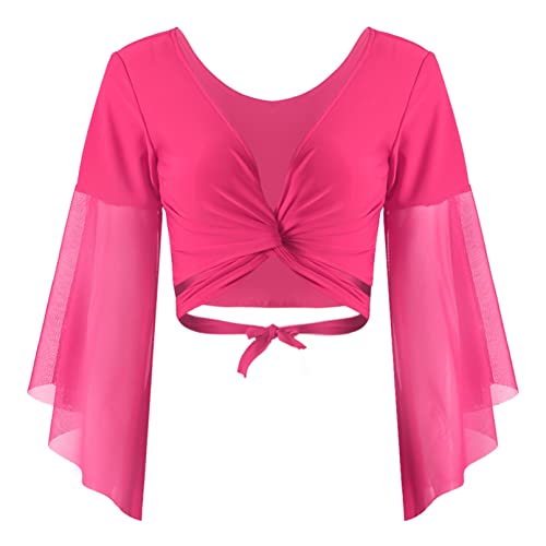 TiaoBug Damen Bauchtanz Kostüm Oberteil Langarm Spitzen Trompetenärmel Jäckchen Binden Top Knoten Shirts Bluse mit Münze Quasten Hot Pink D Einheitsgröße von TiaoBug