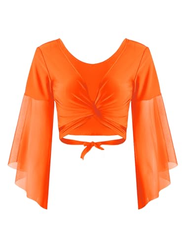 TiaoBug Damen Bauchtanz Kostüm Oberteil Langarm Spitzen Trompetenärmel Jäckchen Binden Top Knoten Shirts Bluse mit Münze Quasten Orange D Einheitsgröße von TiaoBug