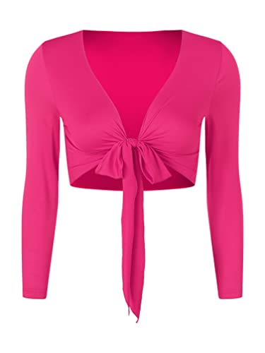 TiaoBug Damen Bauchtanz Kostüm Oberteil Langarm Spitzen Trompetenärmel Jäckchen Binden Top Knoten Shirts Bluse mit Münze Quasten Pink G L von TiaoBug